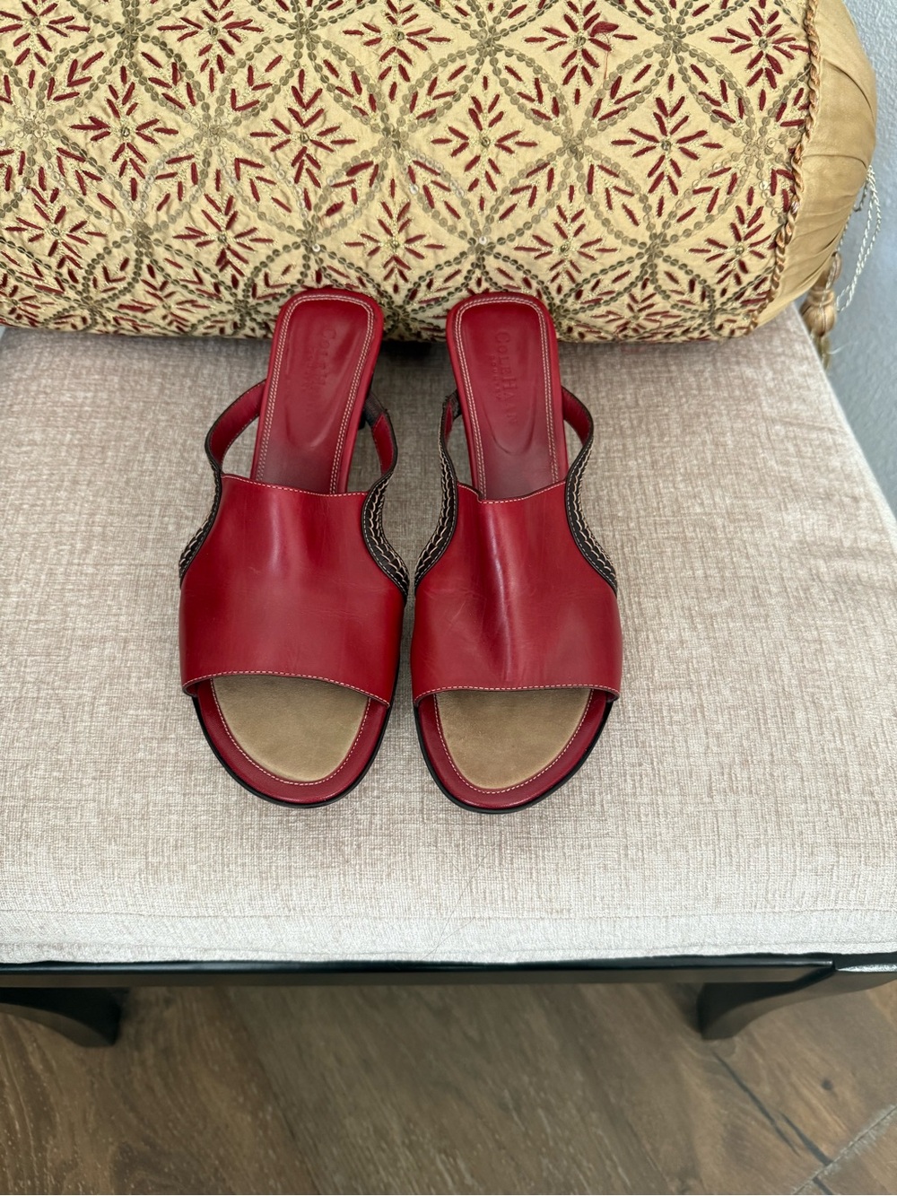 Vintage Cole Haan Red Leather Open-Toe Slingback Heels with Contrast Stitching - Picture 2 of 5